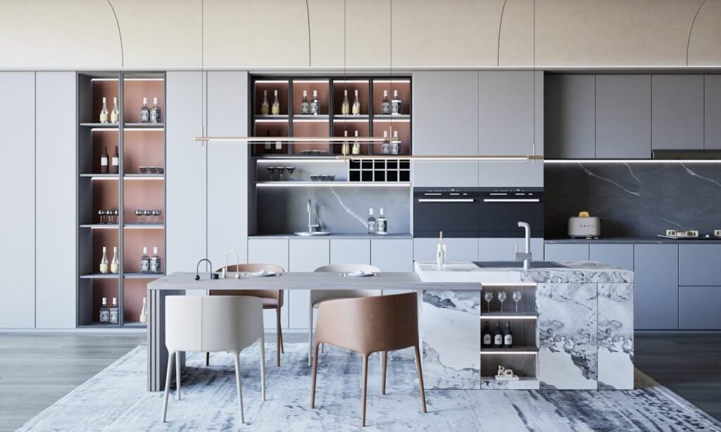 A modern kitchen with marble counter tops and cabinets